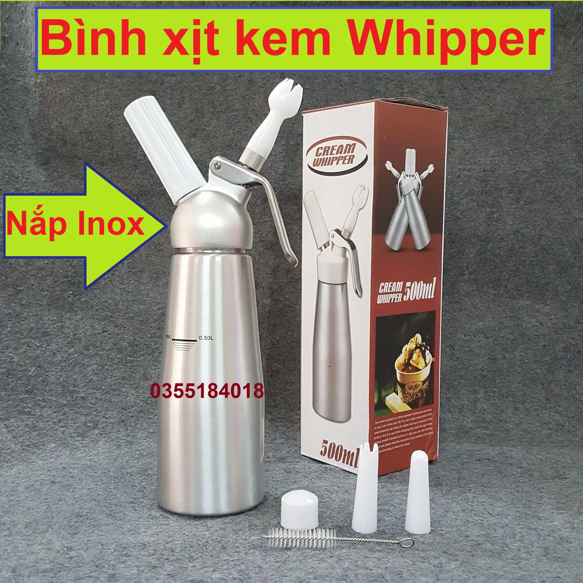 Bình xịt kem nắp thép Whipper 500ml