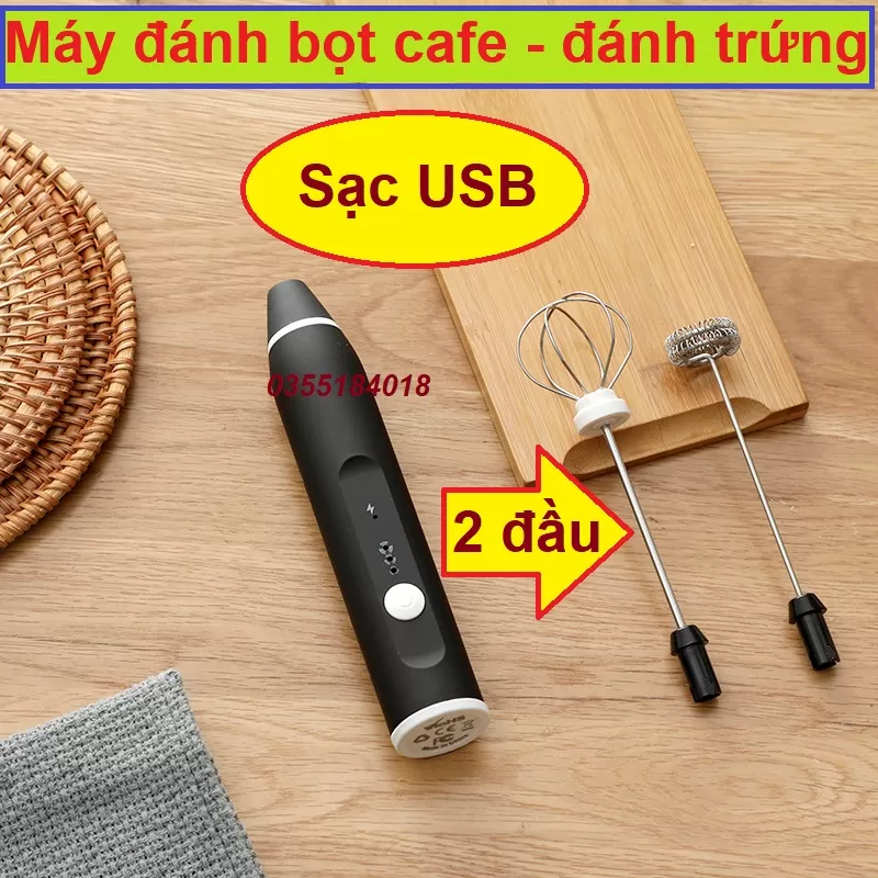 Máy đánh bọt cafe - đánh trứng 2 đầu sạc điện cổng USB